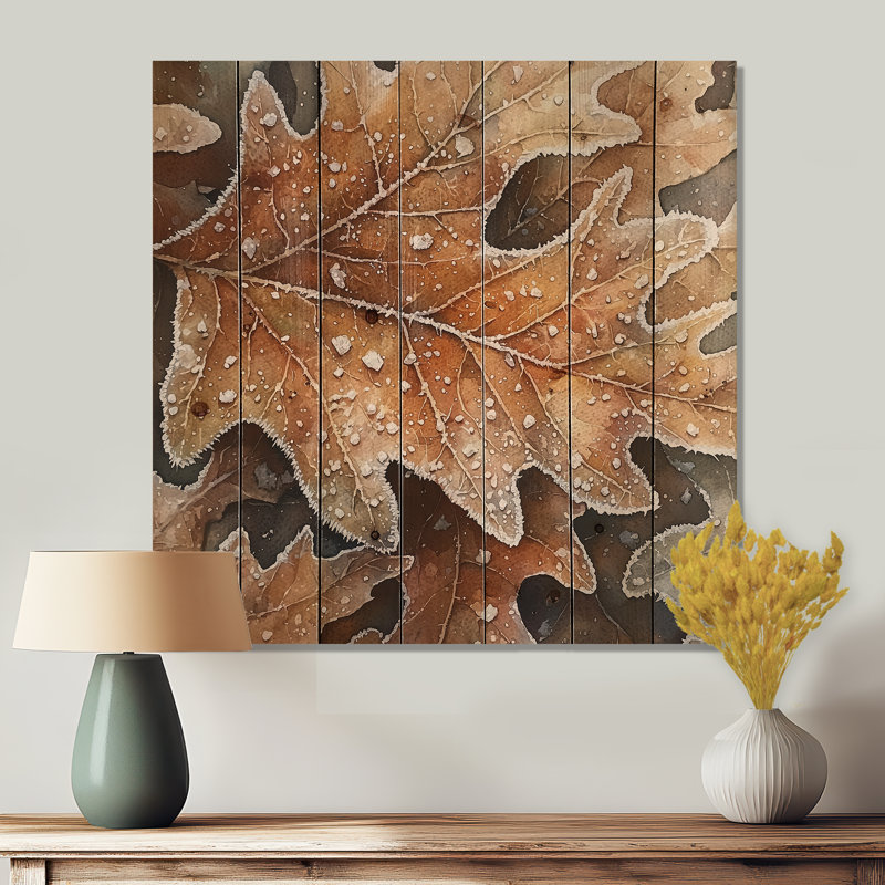 Frosty Oak Leaf III - feuilles, art mural sur bois de pin naturel, H 36 po x l 36 po
