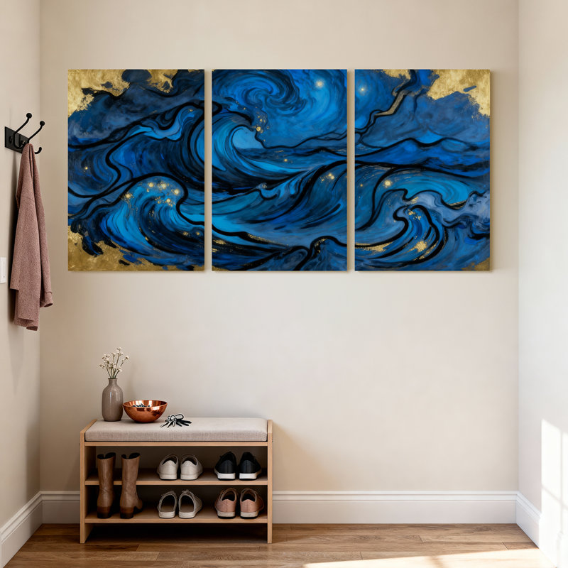 «Blue Waves Golden Accents», ensemble de 3 reproductions d'art sur toile, H 30 po x l 60 po