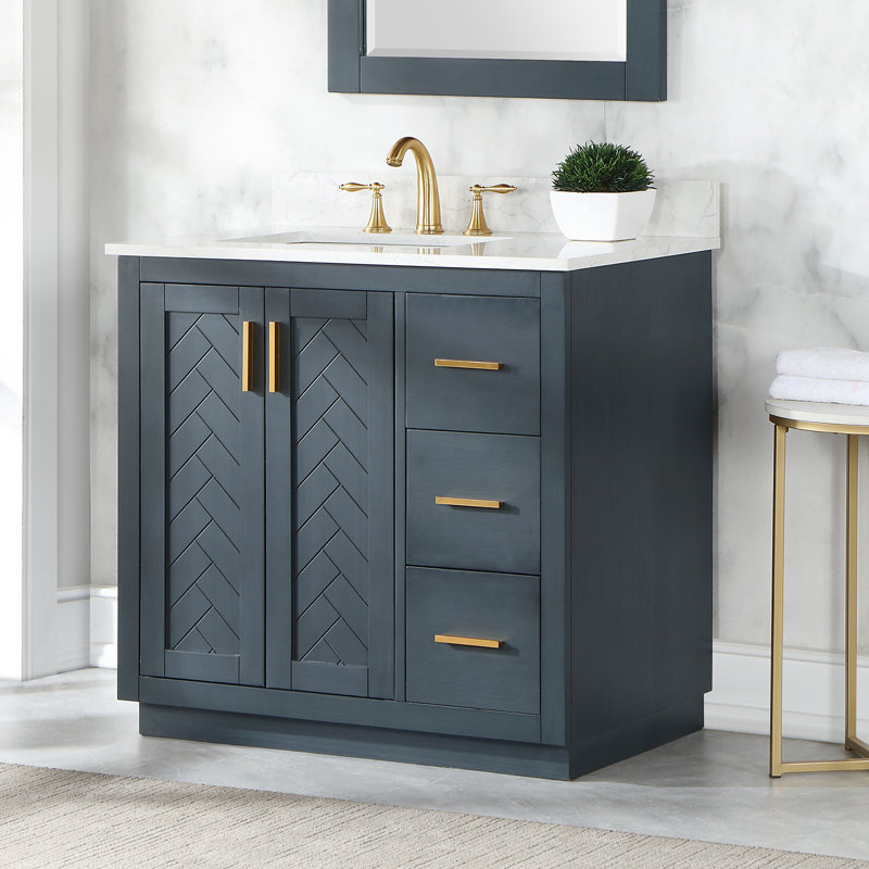 Ensemble de meuble-lavabo simple 36 po avec comptoir en pierre d'ingénierie blanche sans miroir Gazsi, Bleu gris anthracite