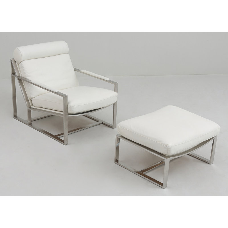Chaise longue et repose-pieds en cuir fleur 27,5 po Robertsdale, Cuir véritable blanc Ivoire, Acier inoxydable