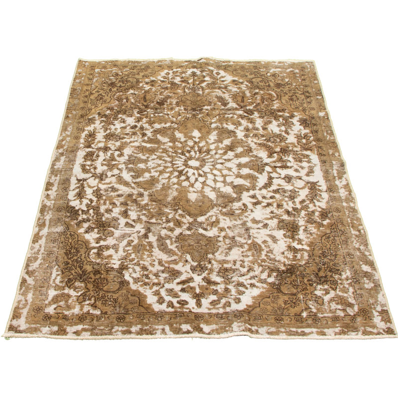 Tapis décoratif en laine brun clair/blanc de conception unique 5 pi 3 po x 7 pi 9 po noué à la main des années 1990
