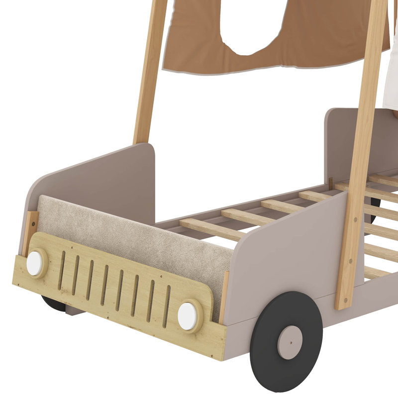 Wood Car Bed with Pillow, Ceiling Cloth, Twin