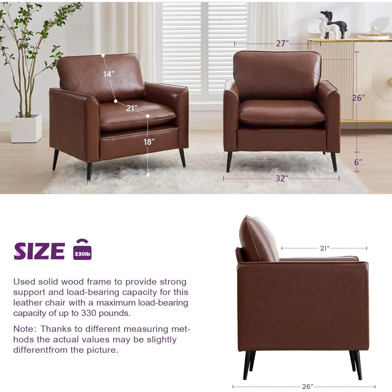 32In Wide Faux Leather Armchair (Set Of 2), Brown Faux Leather