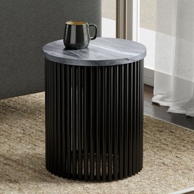 Demy 18"W Genuine Marble Industrial End Table with Slatted Metal Base, Assembled