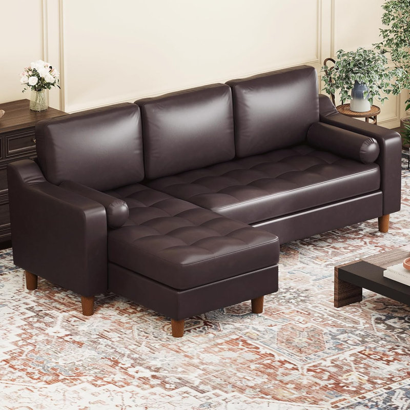89" Leather Sofa with Convertible Chaise, Mid Century Modern L-Shape Couch with Deep Seat, Sectional Leather Couch for Living Room, Lounge