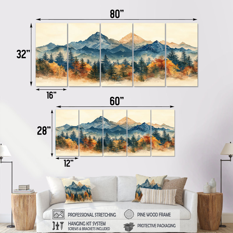 Mountain Forest Pine Tree oots IV - Forest - Art mural traditionnel pour le salon, H 32 po x l 80 po, 5