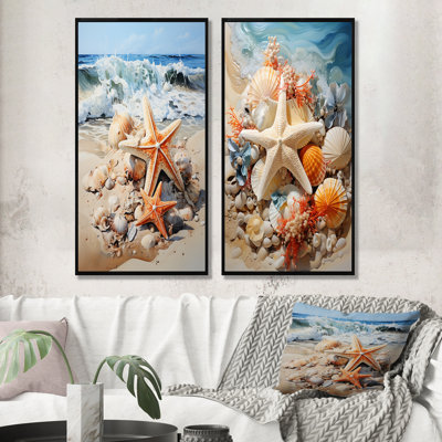 Étoile de mer sur la plage II - ensemble de 2 reproductions d'art mural bord de mer tropical