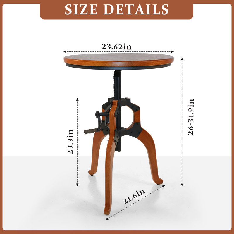 American Antique Industrial DIY Crank Table Wooden Three-Legged Table Bar Table Accent End Table, 23.62"L x 23.62"W