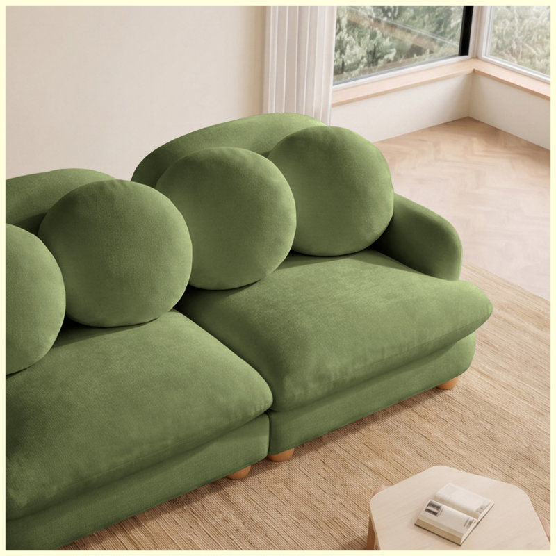 Canapé confortable 3 places en chenille, avec assise profonde, 4 coussins décoratifs, pouf amovible et structure en bois massif. Parfait pour le salon ou la chambre. Couleur : vert.