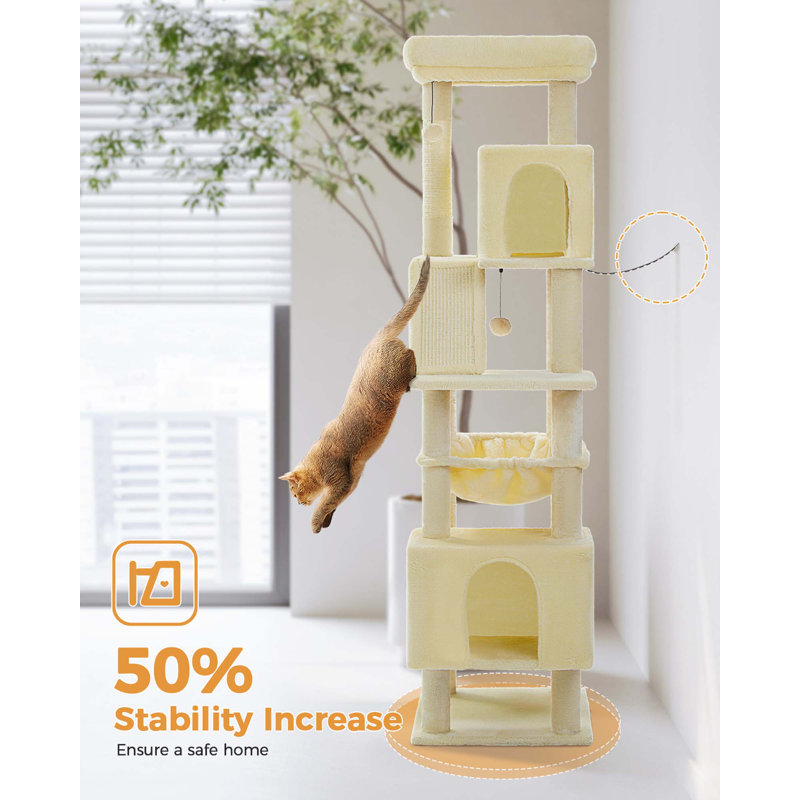 71" Beige Multi-Level Cat Tree with Sisal Posts and Hammock