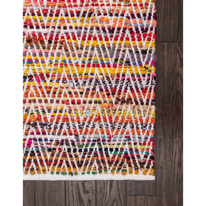 Tapis rouge / jaune / blanc en coton tissé à plat à la main Drakeford, Rectangle 2 pi x 3 pi 1 po