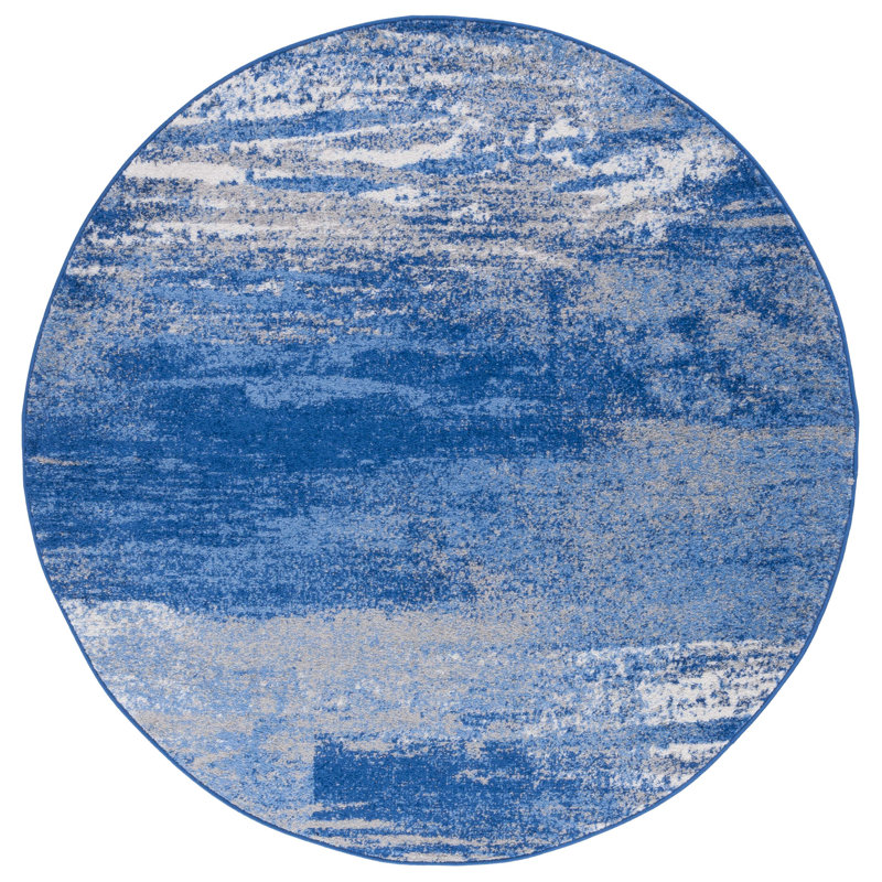 Tapis à motif abstrait Algonquin Performance, Round 11', Argent / bleu
