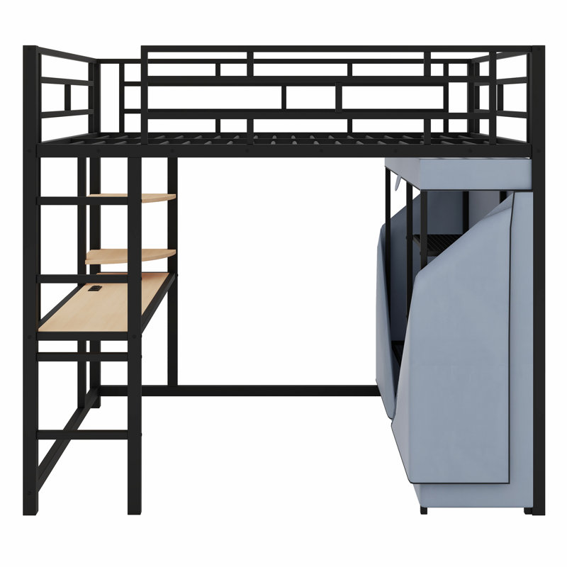 Loft Metal Bed With Desk,Shelves,Power Outlet,LED Light And Wardrobe, Full, Black