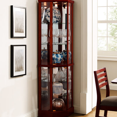 Vitrine lumineuse 6 tablettes avec tablettes réglables en verre et dossier en miroir cerisier élégant