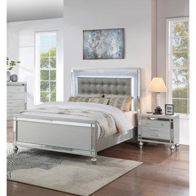 Sleek Modern Silver Tufted Faux Leather Queen Size Bed 2x Nightstands LED 3pc Set Panel Bedframe Bedroom