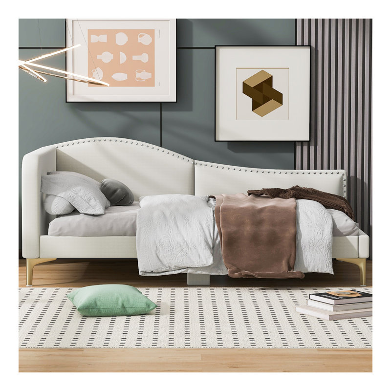 Lit de jour rembourré avec tête de lit et accoudoirs, pieds de soutien, Lit simple, Beige