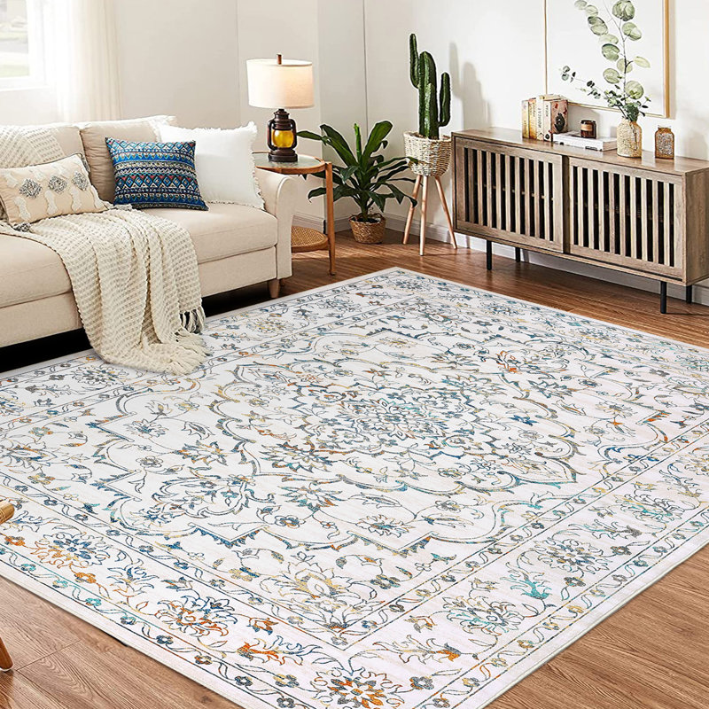Tapis floral ultra-mince rectangulaire lavable à la machine Antley, Rectangle 8 pi x 10 pi