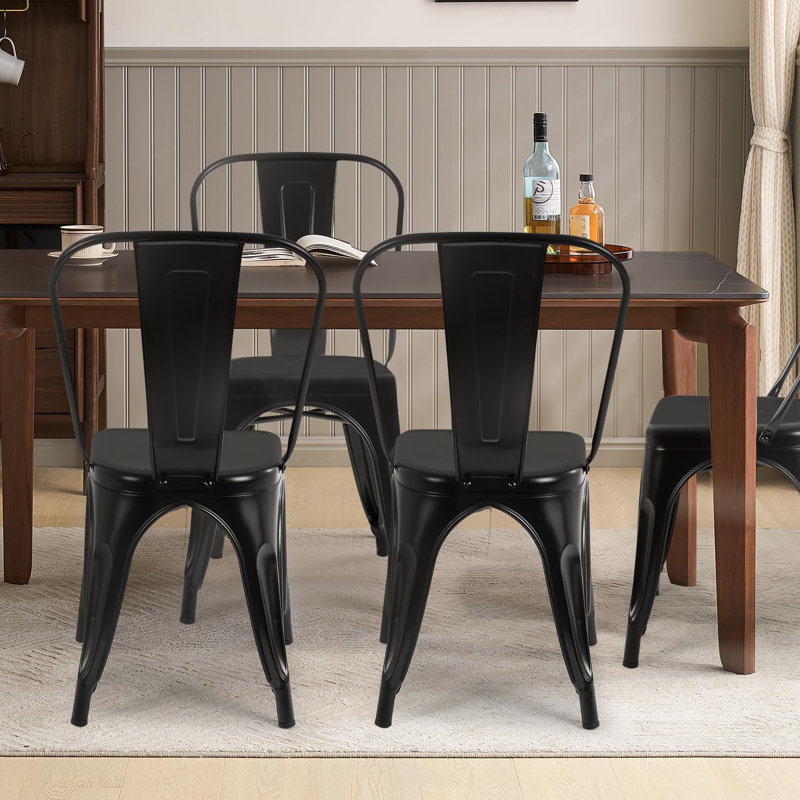 Chaises de salle à manger en métal | Ensemble de 4 | Noir | Chaises d'appoint empilables avec dossier Tolix | Résistant aux égratignures | Pieds antidérapants | Utilisation intérieure / extérieure | Capacité de 330 lb | pour la cuisine et le restaurant