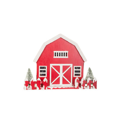 Red Wooden Snowy Barn Warm White LED Accent with Picket Fence