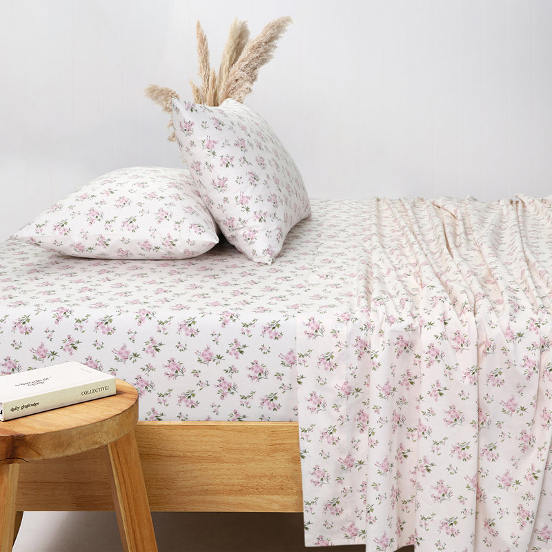  Ensemble de draps 100% coton percale, Ensemble de draps pour grand lit avec 2 taies d'or, Rose floral