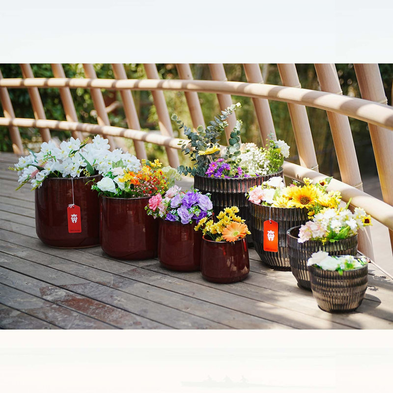 Ensemble de 4 pots de fleurs faits à la main en céramique, glaçure rouge foncé moucheté, argile respirante pour une utilisation intérieure et extérieure