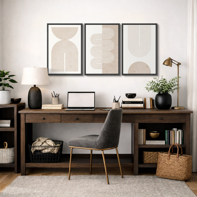 "Mid-Century Modern Boho" Duotone Beige Abstract Lines, H 24 po x l 48 po, Plastique noir