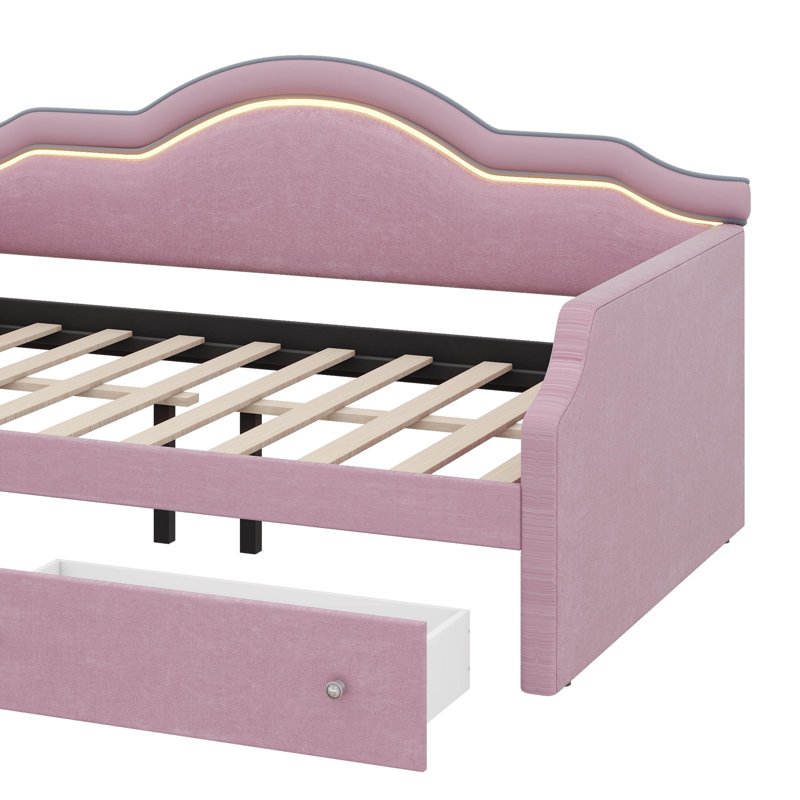 Full Size Fabric-Upholstered Daybed With LED Lights And Dual Drawers, Full/Double, Pink