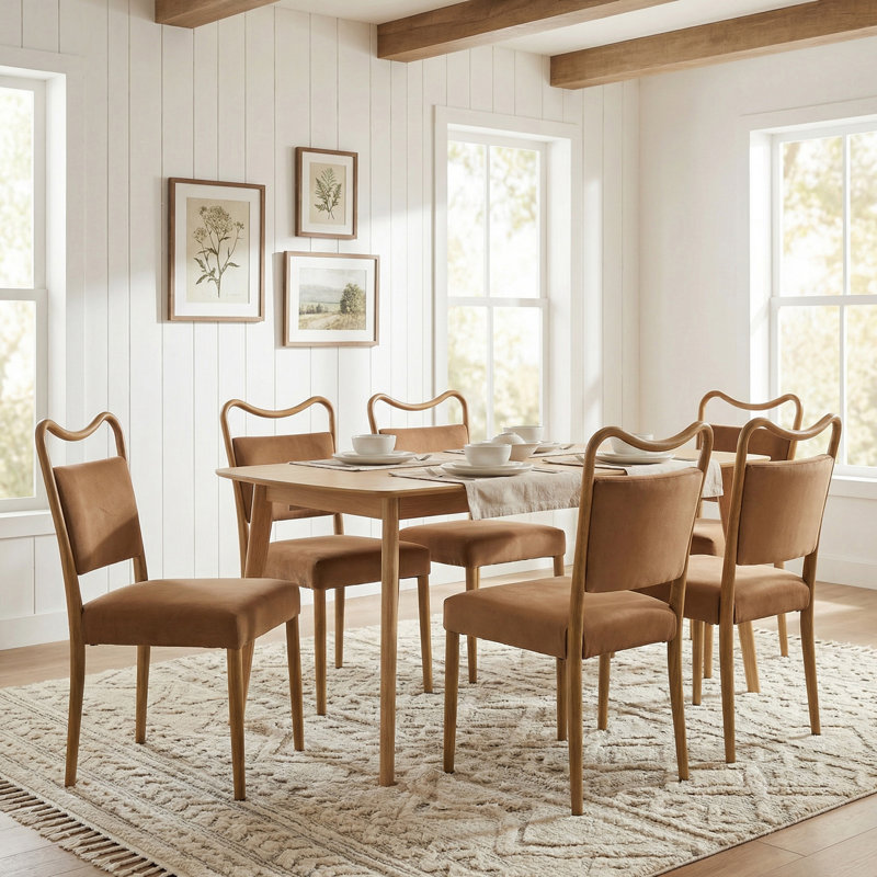 Mid-Century Velvet Dining Chair Set with Wood-Grain Metal Frame, 6, Brown