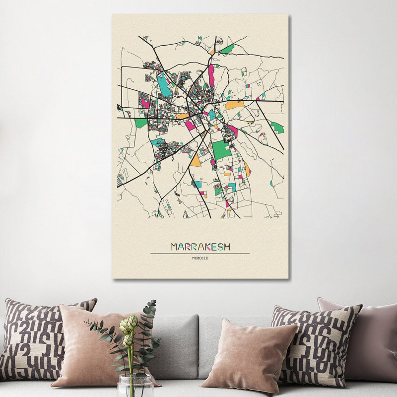 Marrakech, carte du Maroc par Ayse Deniz Akerman - Toile tendue avec châssis sur toile, H 60 po x l 40po x P 1,5 po