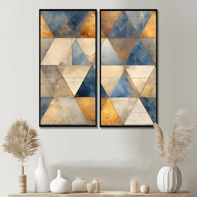 Mosaïque de triangles beiges et bleus - art mural moderne 2 pièces