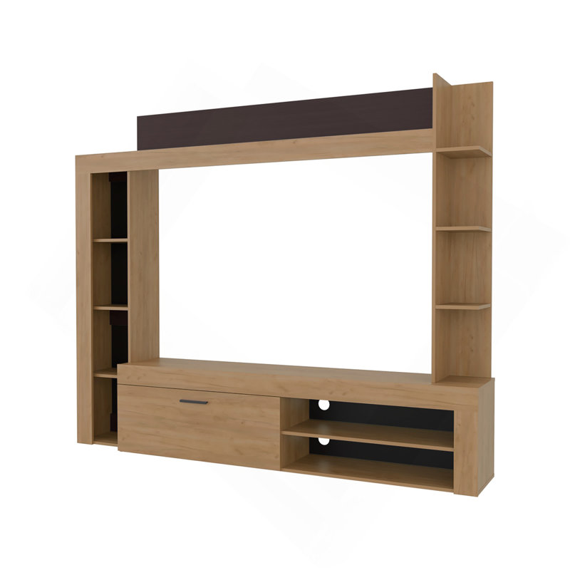 Meuble audio-vidéo et meuble télé Cecil avec tablettes ouvertes au-dessous et compartiments de rangement avec une porte