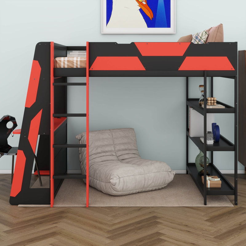 Gaming Loft Bed With Desk & Storage Shelves, Built-In Power Outlets & USB Ports, LED Lights, Black/Red