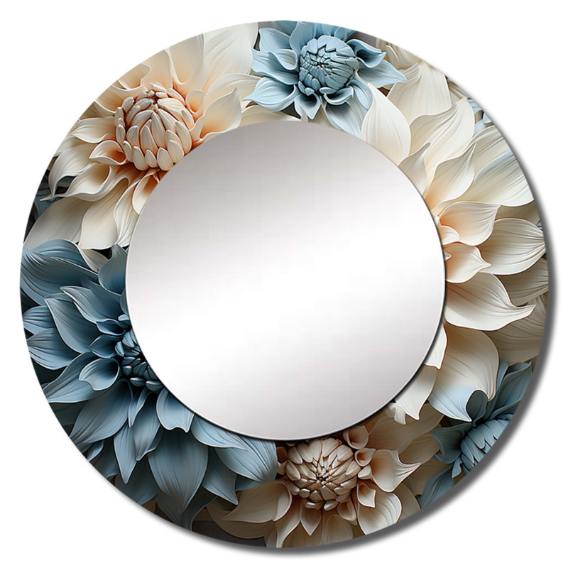 Blanc et bleu Dahlia Symphony IV - miroir Dahlia, miroir mural rond traditionnel unique, impression d'art en métal