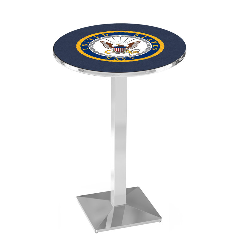 Military Round Metal Base Dining Table, Chrome, United States Navy