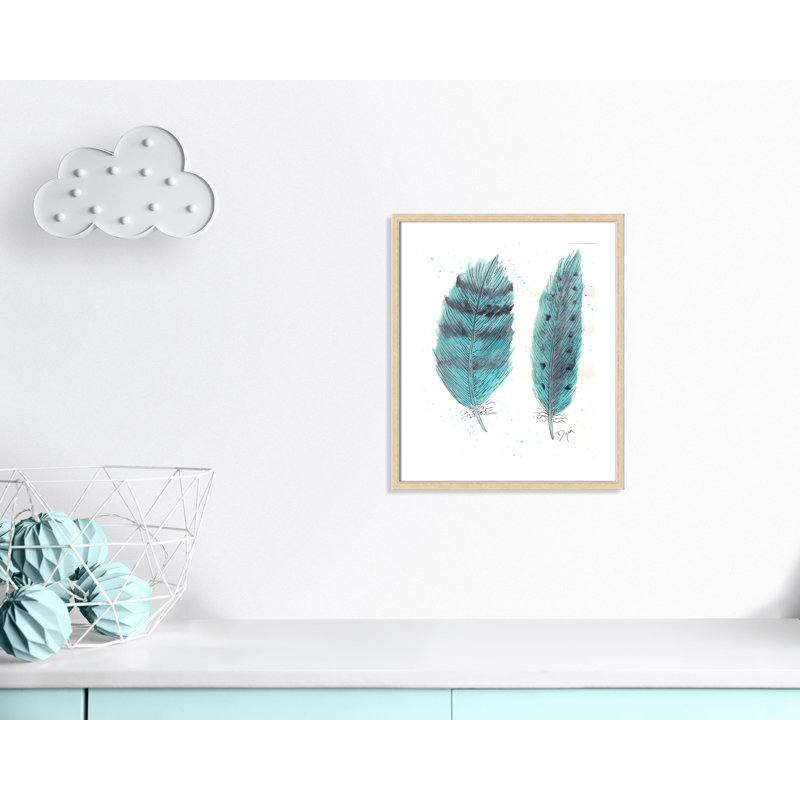 «Feathers in Turquoise II», art encadré, H 25,5 po x l 21,5 po x P 1,18 po, Encadrement beige