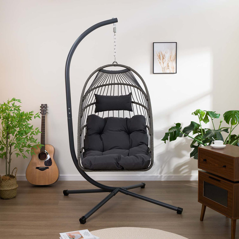 Fauteuil suspendu d'extérieur avec support, chaise pivotante en osier, Gris, Dark Grey