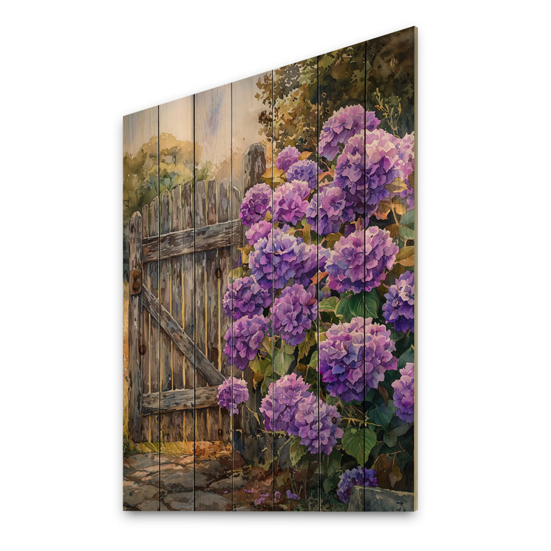 Summer Hydrangeas By The Farm Fence I - Hydrangea Wood Wall Decor - On Natural Pine Wood, 20" H x 10" W x 0.78" D