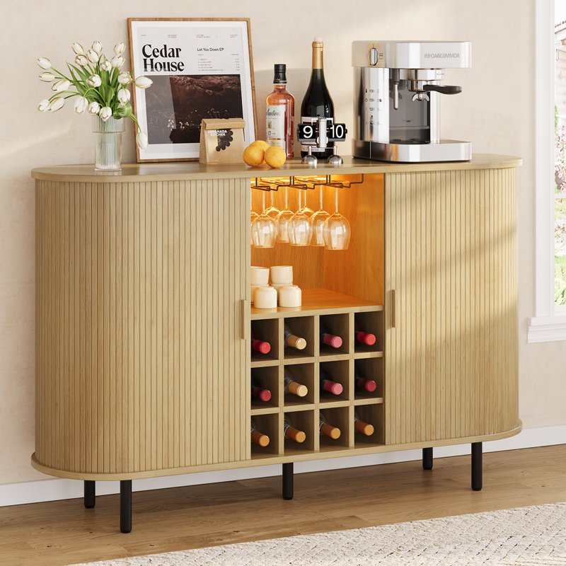 55.1'' Modern Bar Cabinet With Adjustable Shelves & RGB Lights, Wine Cabinet Sideboard Buffet With Wine Glass Holder & Wine Rack