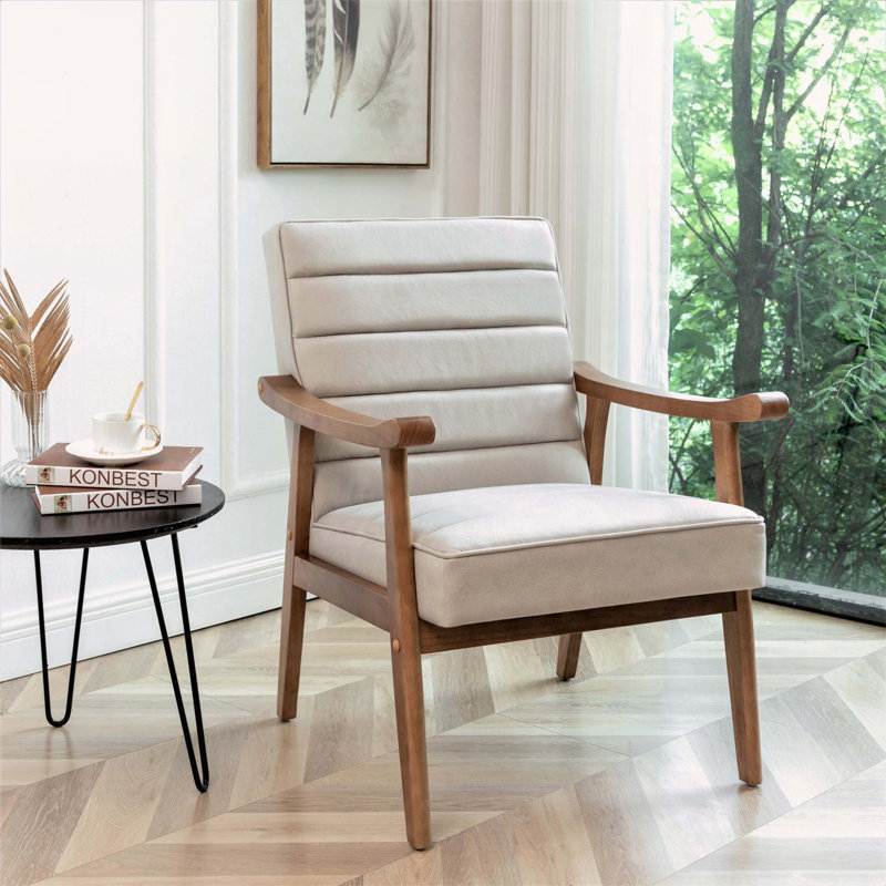 Fauteuil d'appoint de style Mid-Century moderne, fauteuil en microfibre d'aspect cuir avec structure en bois massif avec accoudoirs à structure ouverte, siège et coussin de dossier rembourrés pour le salon
