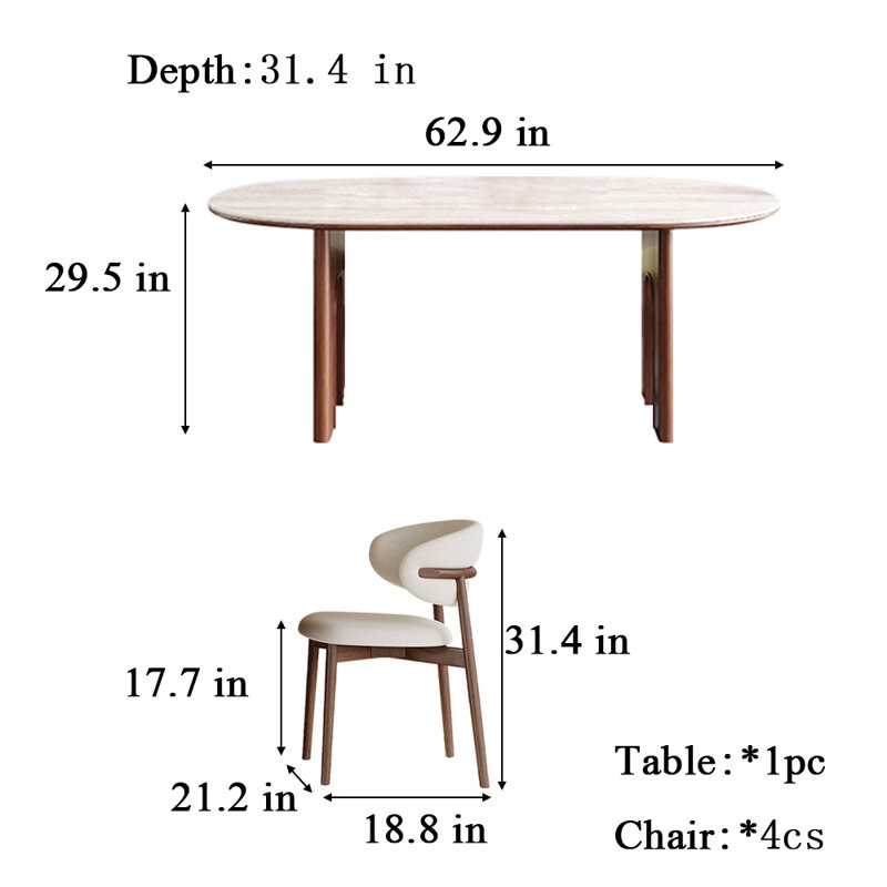 Table et chaises de salle à manger, H 29,5 po x L 62,9 po x l 31,4 po