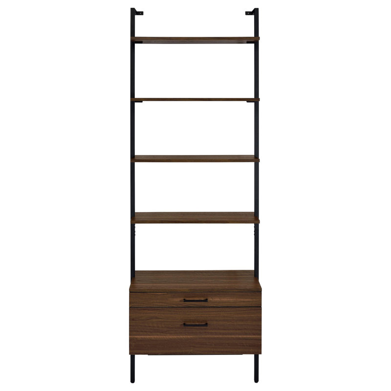 Wens Wall Mounted Bookcase Unit, 4 Shelves, 2 Drawers, Black Brown, 96"H x 30.75"W x 17."D