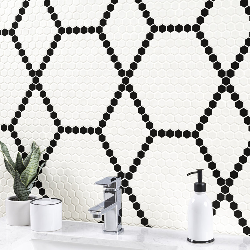 Hive 12 in. x 12 in. Matte Porcelain Mosaic Floor and Wall Tile, Black and White