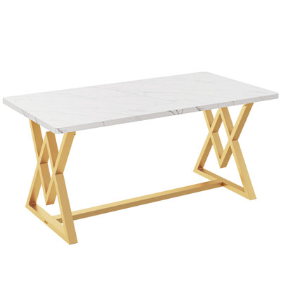 63" Modern Faux Marble Dining Table, White Rectangular Kitchen Table Seats 4-6 with gold Metal Legs