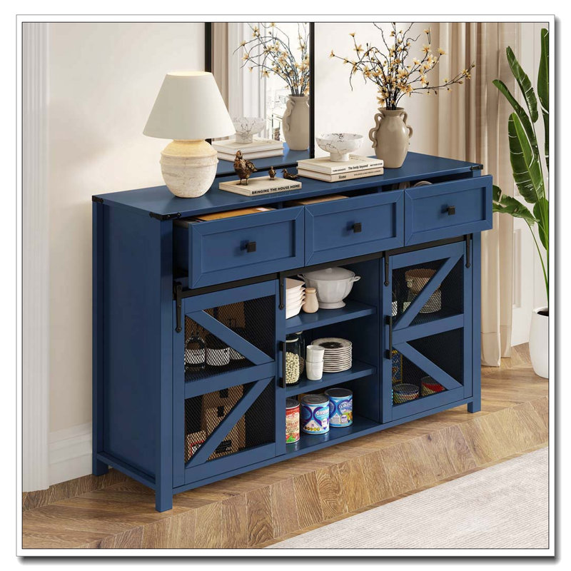 55" Sliding Barn Door Sideboard with Drawers, Adjustable Shelves, and Metal Mesh Doors, Navy Blue