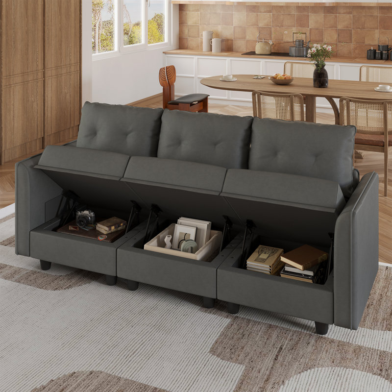 Tomario 85" Upholstered 3 - Seater Modular Sofa With Storage Ottoman, Gray Polyester