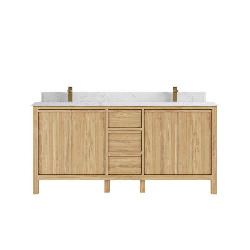 72'' Light Natural Teak Double Sink Bathroom Vanity with Quartz Top