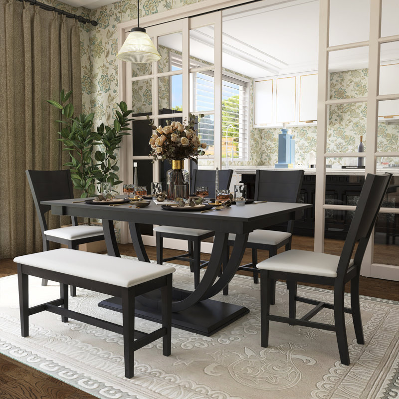 Ensemble de table de salle à manger 6 pièces avec plateau en bois et demi-banc, Noir