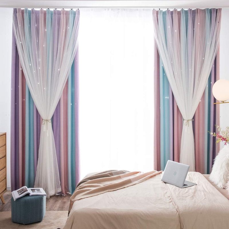 2 Panels Blackout Stars Curtains For Girls Bedroom Kids Aesthetic Living Room Decor Colorful Double Layer Star Cut Out Stripe Window Wall Home Decoration Curtain,W52 X L63 Inches, Rainbow
