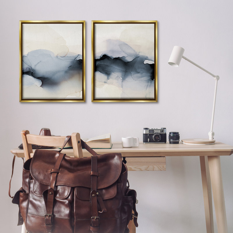 Mystérieux aquarelle abstraite obscure, ensemble de 2 toiles flottantes encadrées dorées par Kippi Leonard, H 31 po x l 25 po