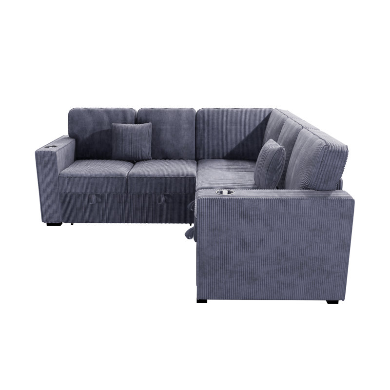 3-Piece Convertible Sectional, Dark Gray Corduroy